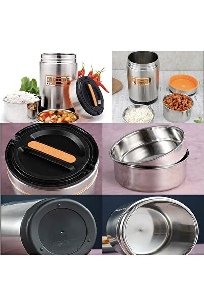 PUFO Stainless steel thermos container with 2 removable inner bowls and airtight lid, for food or soups