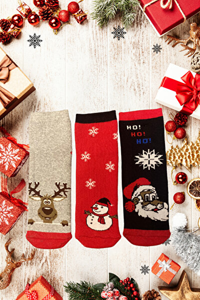 Meguca Socks Kadın Renkli Özel Tasarım Yılbaşı Desenli Kışlık Havlu Çorap Set...