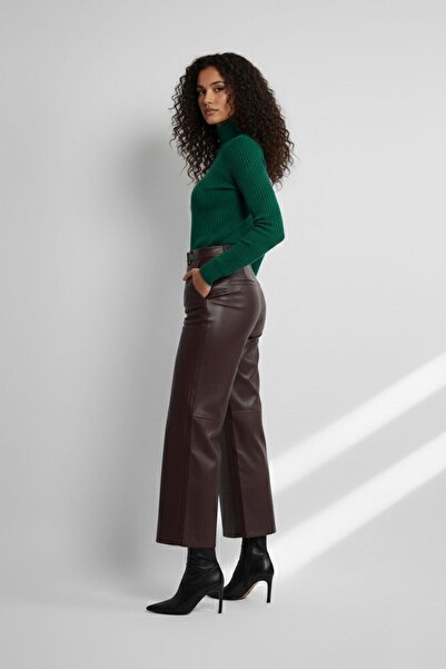 Deriderim Burgundy Genuine Leather Wide Leg Women's Trousers