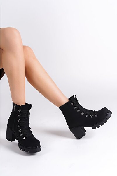 Joy Ayakkabı Γυναικείες μπότες EMMA με κορδόνια με φερμουάρ και ορθοπεδική σόλα με τακούνι από σουέτ SST - Μαύρο