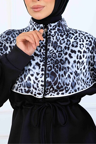 benguen Leopard Patterned Scuba Double Suit N5357 Black