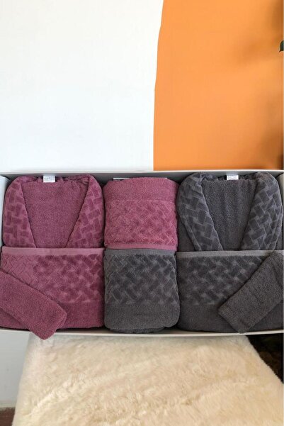 Çeyiz Diyarı Σετ οικογενειακό μπουρνούζι 8 τεμαχίων Şazeli, ανθρακί μελιτζάνα