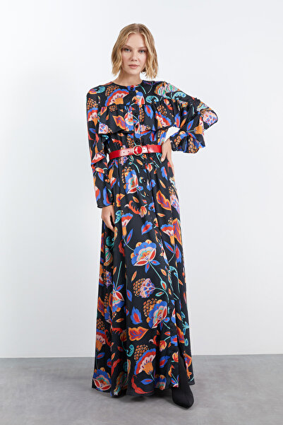 kiwebuy Önü Ve Kolları Fırfır Detaylı Desenli Uzun Elbise