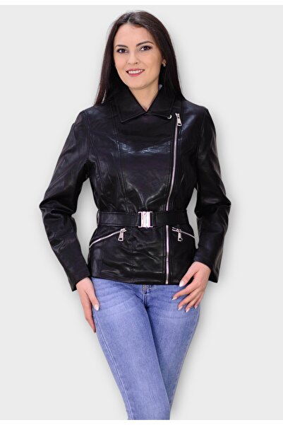 Elis Fashion Geaca Neagra din Piele Ecologica cu Centura