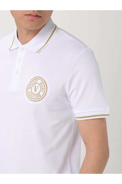 Versace Men's Polo Neck White-Gold Polo Neck T-Shirt with Stripe Detail on Sleeves and Collar 78Gagt00Cj01T-G03