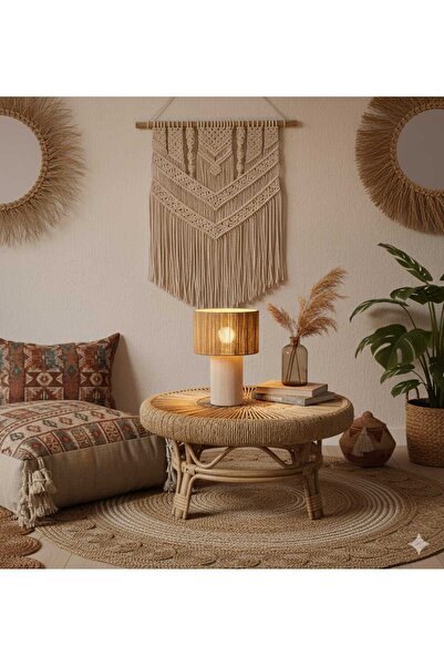 poplinhome Jüt Hasır Abajur Modern Tasarım Makrome İp Abajur Dekoratif Lamba Abajur Masa lambası