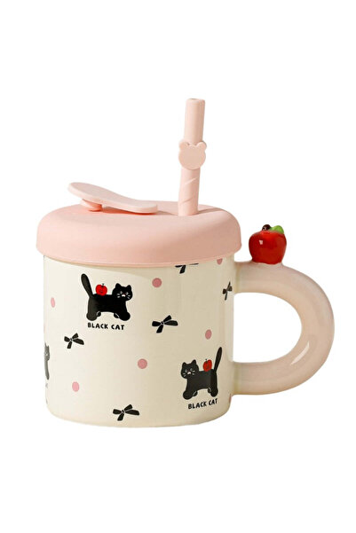 vivimall Ceramic Mug with Lid and Straw Cute C Model 380 ml Pink | FreshBox