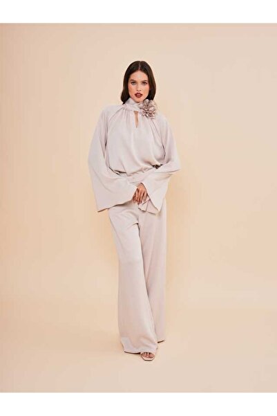 SERPİL Yüksek Yaka Çiçek Detaylı Geniş Paça Kadın Takım 50802