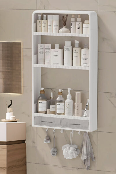 Trend Maison Premium Yapışkanlı Duvar Rafı Banyo Mutfak Havluluk Şeffaf Organzer Çekmeceli Duş Rafı Delme Yok