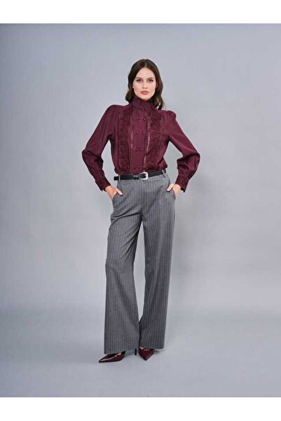 SERPİL Yüksek Bel Çizgili Geniş Paça Kumaş Pantolon 50822