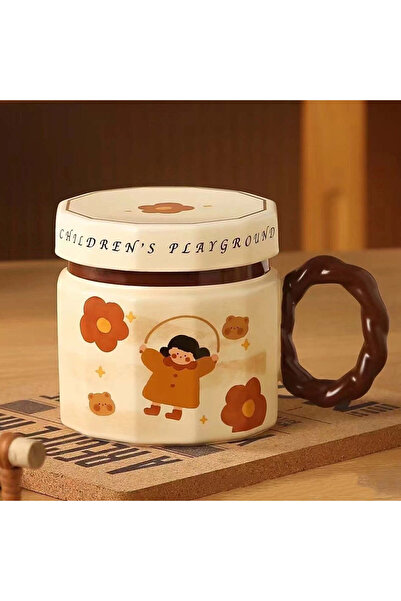 vivimall Ceramic Mug with Lid, 400 ml, Girl with Beige Rope | FreshBox