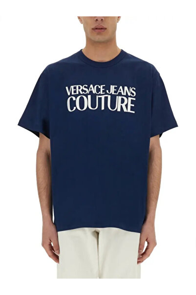 Versace Men's Regular Fit Round Neck Short Sleeve Navy Blue T-Shirt 78Gahe05Cj00E-283