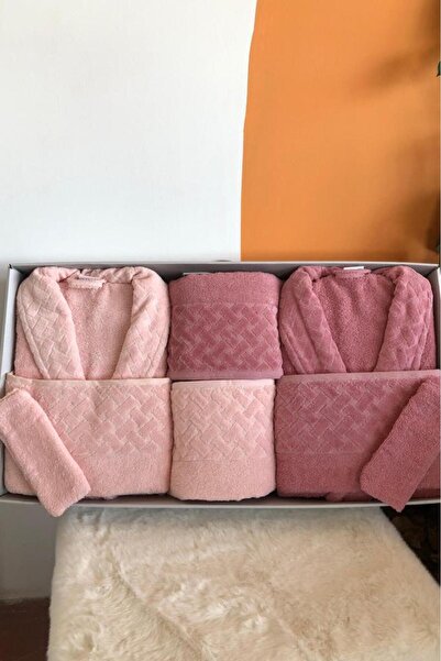 Çeyiz Diyarı Σετ οικογενειακών μπουρνούζιας Şazeli 8 τεμαχίων σε πούδρα δαμάσκηνου