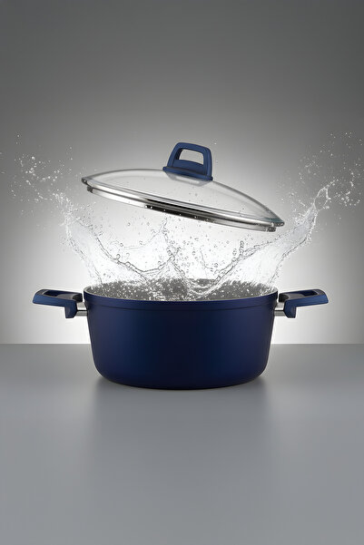 YUNUSOĞLU HOME Castella Series Navy Blue 10-Piece Granite Cookware Set – 4 mm Thickness, Pyrex Lid