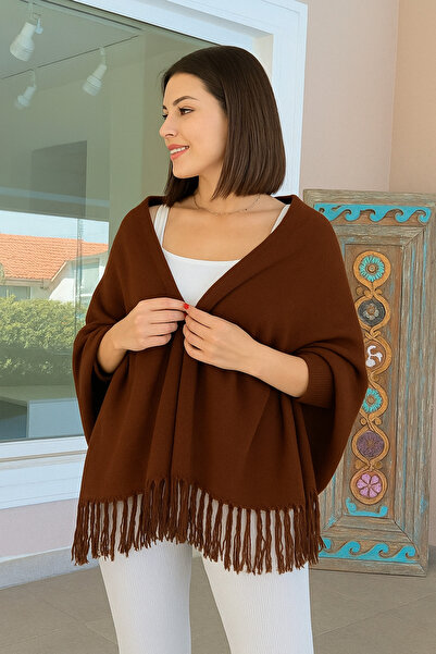 MODAMERSİ Women's Brown Tassel Detailed Knitwear Poncho