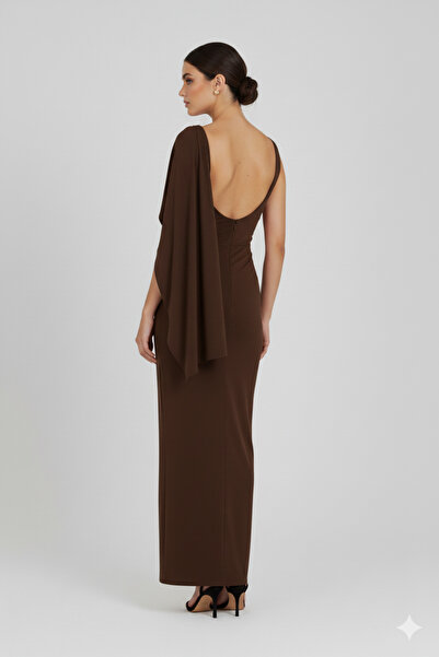 AURA BEA OMUZ DETAY UZUN ELBİSE ACI KAHVE