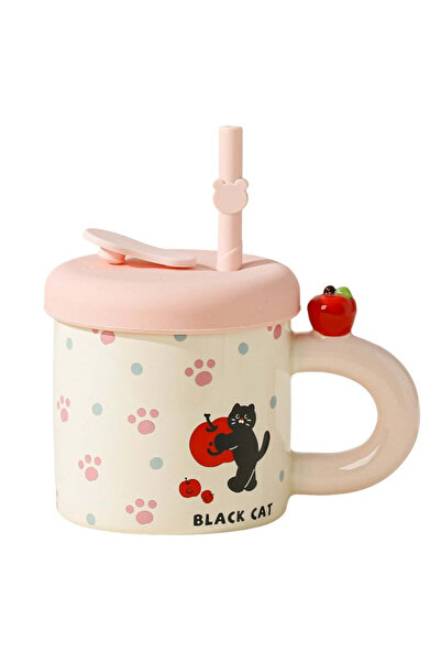 vivimall Ceramic Mug with Lid and Straw Cute D Model 380 ml Pink | FreshBox