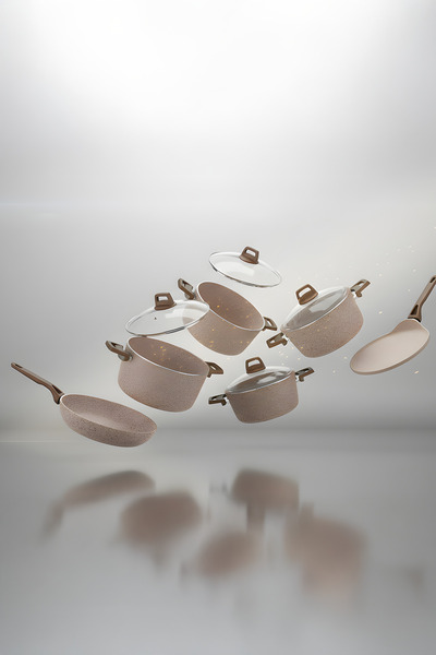 YUNUSOĞLU HOME Castella Series Beige 10 Piece Granite Cookware Set – 4 mm Thickness, with Pyrex Lids