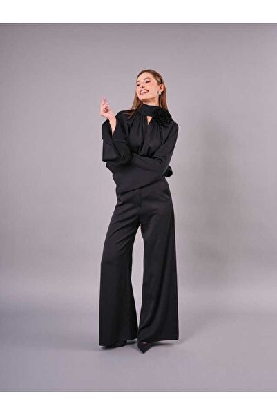 SERPİL Yüksek Yaka Çiçek Detaylı Geniş Paça Kadın Takım 50802