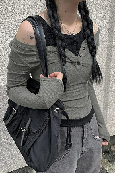 Karakedi Füme Düğmeli Siyah Ek Parçalı Street Style Y2K Uzun Kollu Crop