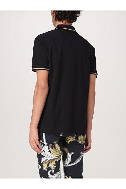 Versace Men's Polo Neck Sleeve and Collar Trim Stripe Detail Black-Gold Polo Neck T-Shirt 78Gagt00Cj01T-G89