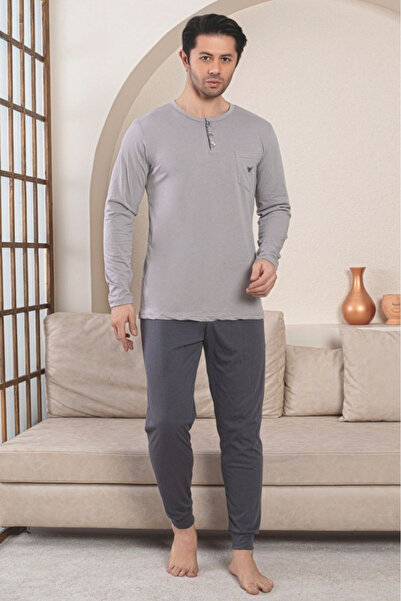 embody Pijamale lungi bărbătești din bumbac tip penye, gri 1060