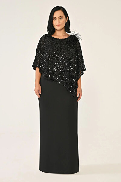 ALFABETA Women's Wide Fit Sequin Detailed Short Sleeve Long Black Evening Dre...