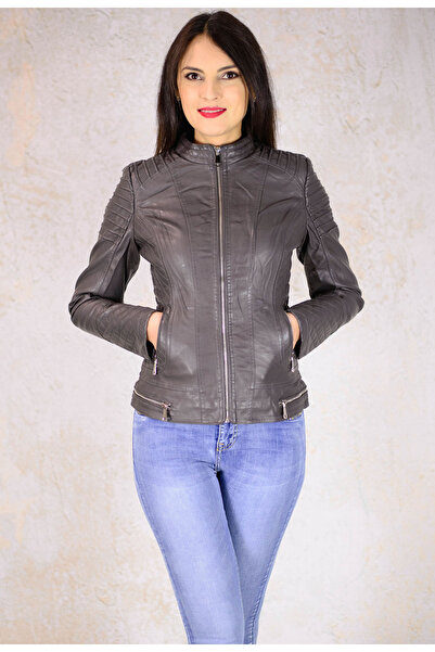 Elis Fashion Modern Seam Grey Leather Jacket