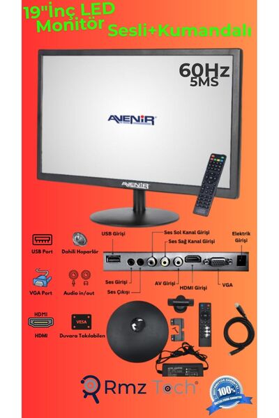 RMZTECH 19" LED Monitör, HDMI , VGA Uyumlu, Dahili Hoparlör, Kumandalı Sesli ( PC, Kayıt Cihazlarına Uyumlu)