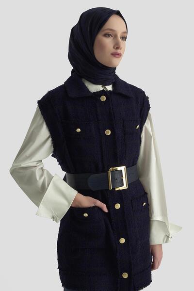 Armine TREND Gold Buttoned Pocket Shirt Collar Vest Navy Blue 25Kt516