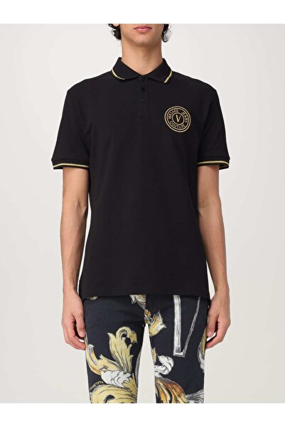 Versace Men's Polo Neck Sleeve and Collar Trim Stripe Detail Black-Gold Polo Neck T-Shirt 78Gagt00Cj01T-G89