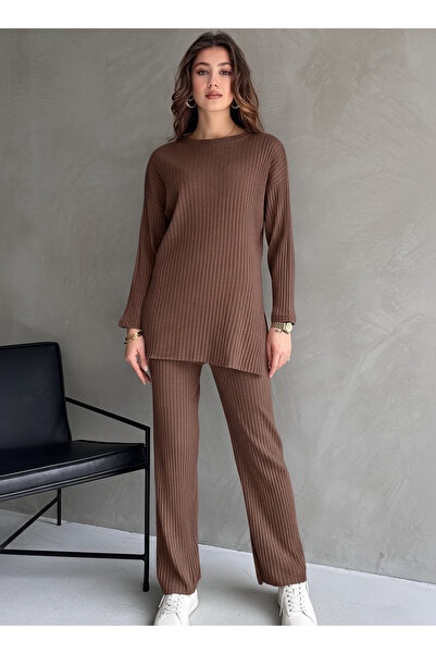 eyyebelle Cotton Ribbed Women's Blouse Trousers Double Set