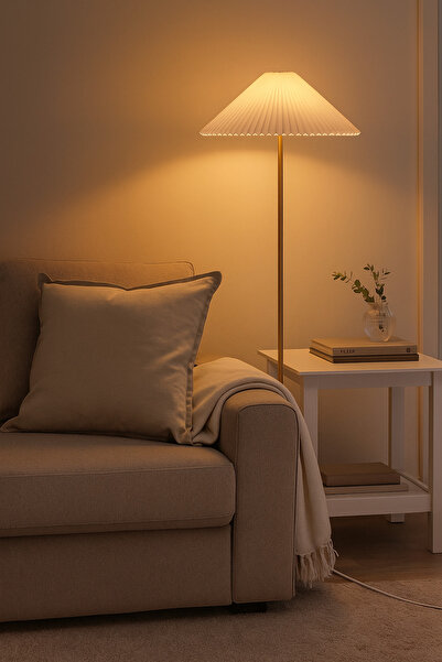 burenze Modern Capri Umbrella Pileli Krem Kumaş Dekoratif Lambader Metal Gövde Eskitme Gold