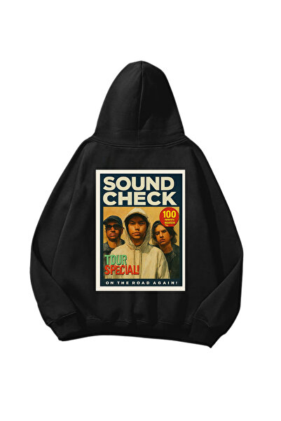 Gofeel سويت شيرت بقلنسوة أسود كبير الحجم مطبوع عليه Soundcheck للجنسين