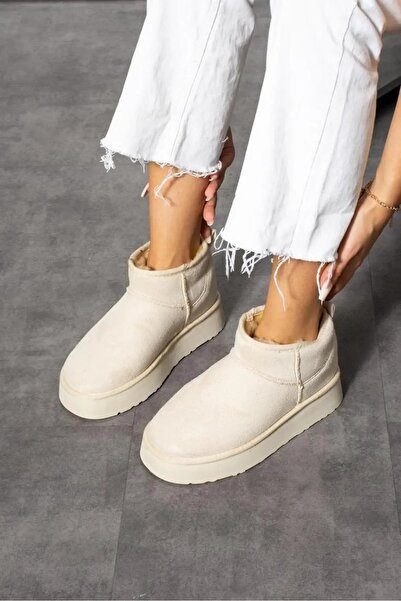Lively Stylish Andra Krem Kadın Kalın Taban Süet İçi Kürklü Rahat Günlük Bot
