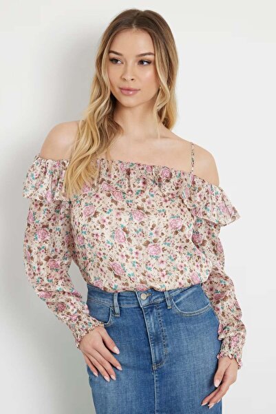 Guess women's floral blouse with ruffles and cut-out shoulders