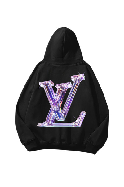 Gofeel سويت شيرت هوديي أسود كبير الحجم مطبوع عليه LV للجنسين