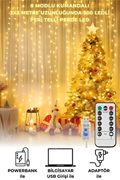 Sanctum 300 Ledli 10 Saçaklı Sarı Perde Led Işık 3*3 Metre