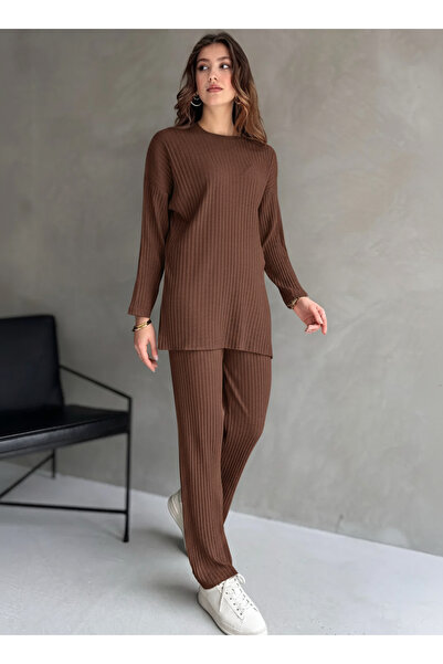 eyyebelle Cotton Ribbed Women's Blouse Trousers Double Set