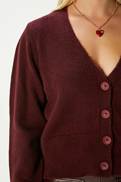 Ritnice Kadın Bold Yumuşak Doku V yaka Bordo Triko Hırka 70148