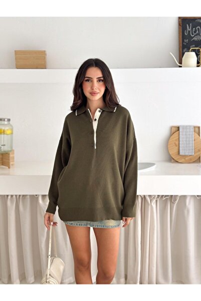 Jeevee Pulover tricotat oversize cu guler polo cu detalii contrastante