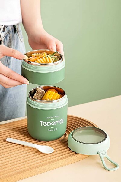 Dekorasyaa صندوق غداء بطبقتين - أخضر - ستانلس ستيل - مع ملعقة - حاوية لحمل ال...