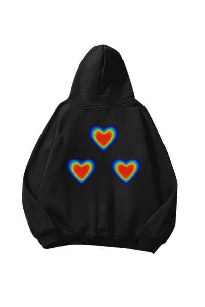 1blood Hanorac supradimensionat unisex negru cu imprimeu Termic Triple Heart
