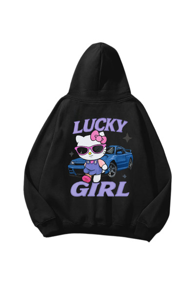 Gofeel Lucky Girl Štampano Crna Oversize kroj Unisex majica sa kapuljačom