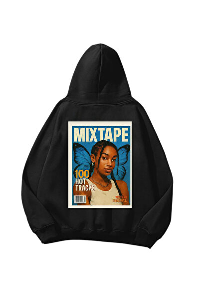 1blood سويت شيرت هوديي أسود كبير الحجم مطبوع عليه Mixtape باللون البرتقالي لل...