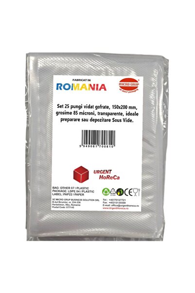 Urgent Horeca Embossed vacuum bags 150x200 mm, thickness 85 microns, transparent, ideal for Sous Vide preparation, set of 25