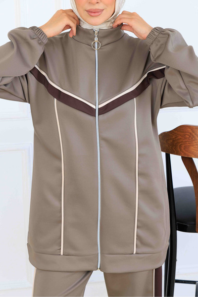 benguen Stripe Detailed Scuba Two-Piece Suit N5347 Mink