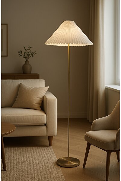 burenze Modern Capri Umbrella Pileli Krem Kumaş Dekoratif Lambader Metal Gövde Eskitme Gold