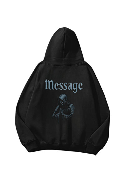weywot سويت شيرت هوديي أسود كبير الحجم مطبوع عليه Message I للجنسين
