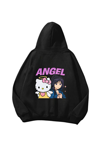 Gofeel Ангел Кити Баскили Черно Овърсайз Унисекс Суитшърт с качулка